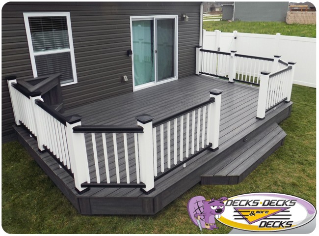 A low maintence deck with one step down to the lawn